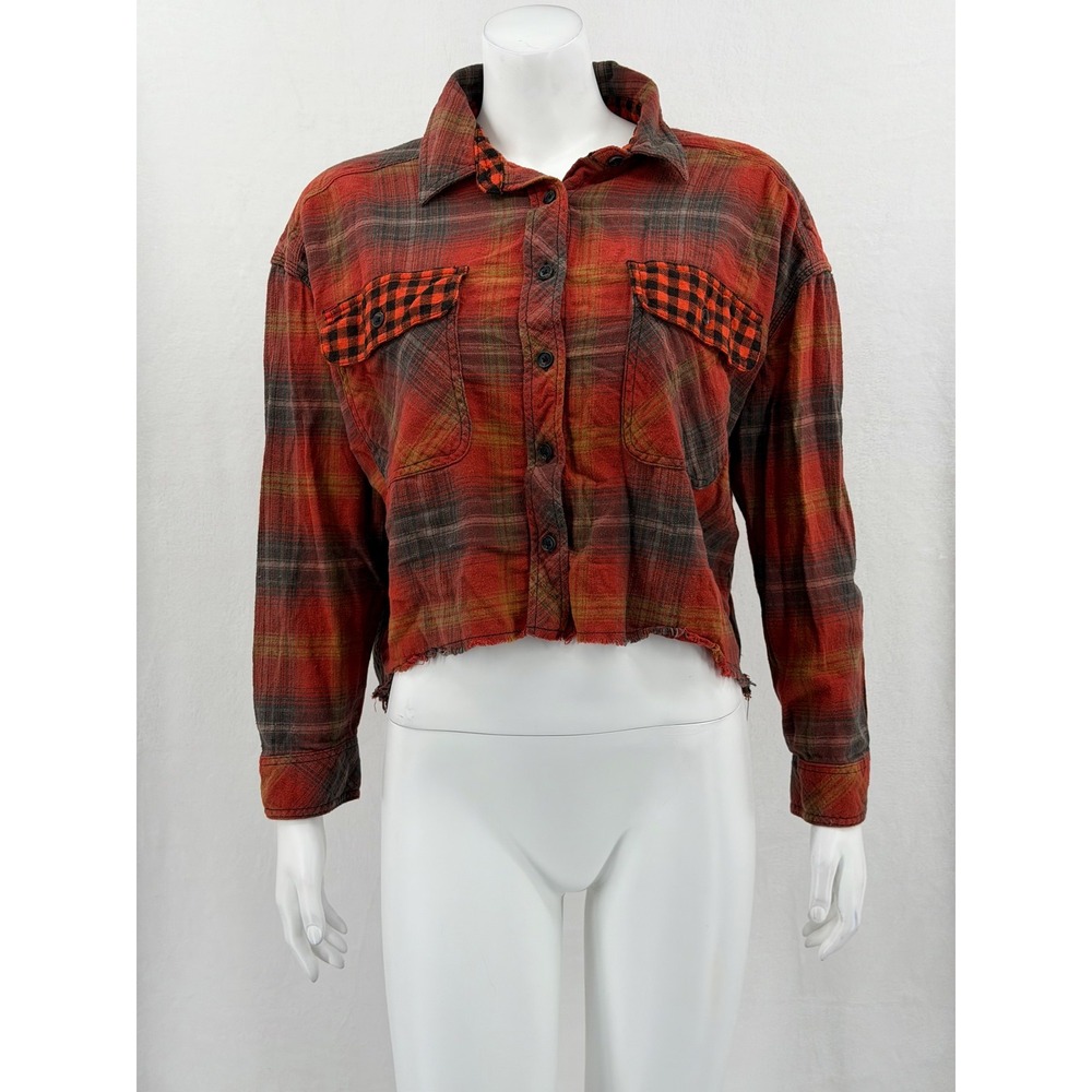 BDG Urban Outfitters Top Women Small Orange Plaid Cropped Button Up Autumn Cabin